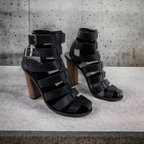 Vince Sandals Caged Strappy Nicolette Womens 8M 38 Black Leather Block H… - Picture 15 of 16